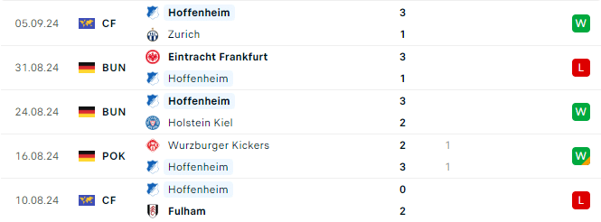 Phong độ Hoffenheim 5 trận gần đây