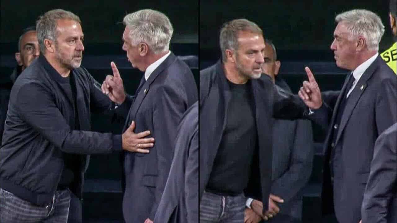 Carlo Ancelotti bị phát hiện chỉ tay vào mặt một thành viên trong đội ngũ huấn luyện của Barca sau bàn thắng của Raphinha