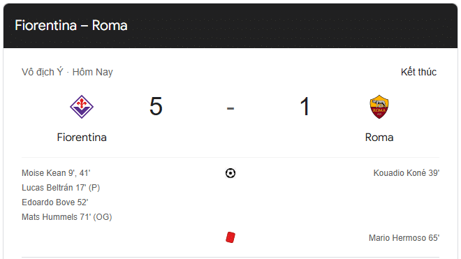 Kết Quả Bóng Đá Fiorentina - AS Roma: Chiến Thắng 5-1, Thẻ Đỏ Định Mệnh (Serie A)